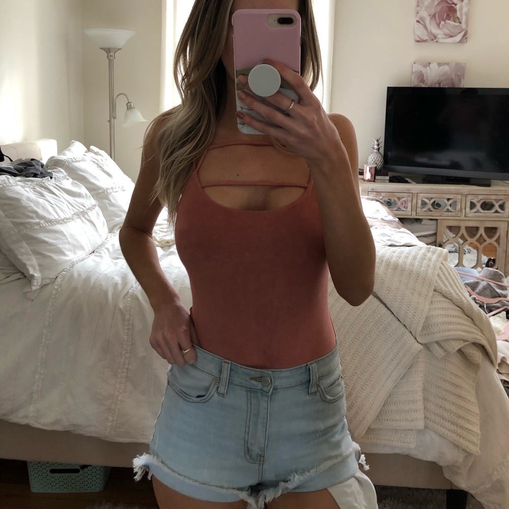 Express One Eleven Dusty Rose Suede Bodysuit